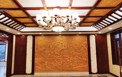 鄄城中式别墅客厅中式木作横梁吊顶装饰展示